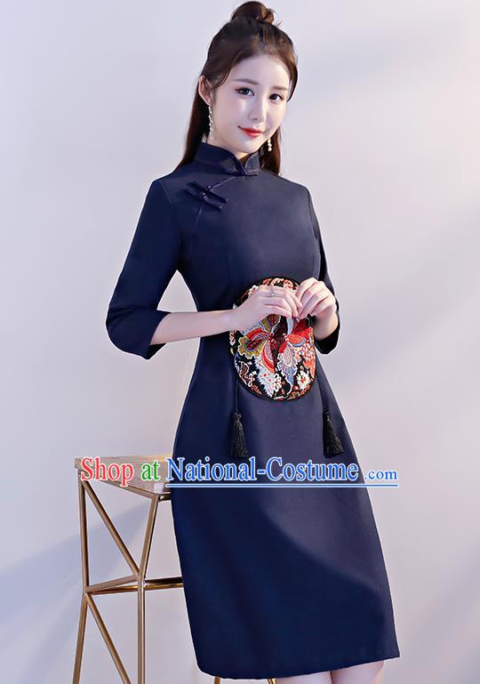 Chinese Traditional Full Dress Embroidered Navy Cheongsam Compere Costume for Women