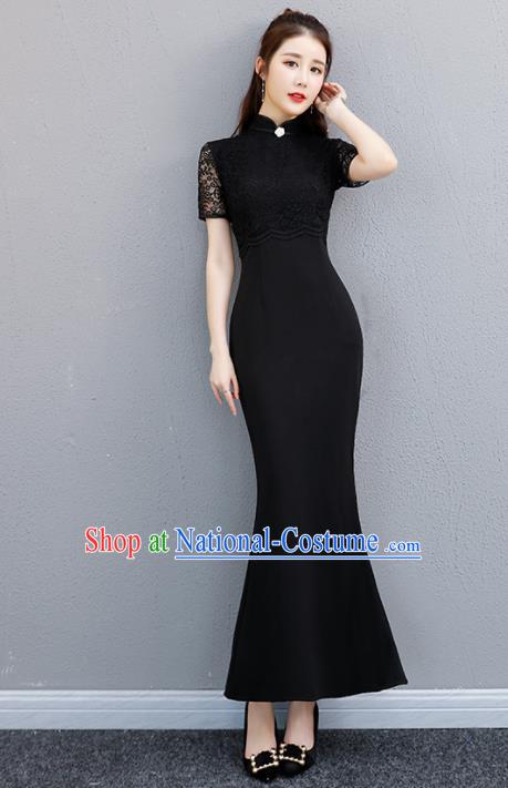 Chinese Traditional Full Dress Black Lace Cheongsam Compere Costume for Women