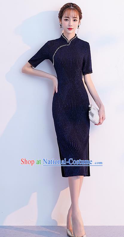 Chinese Traditional Full Dress Navy Velvet Cheongsam Compere Costume for Women