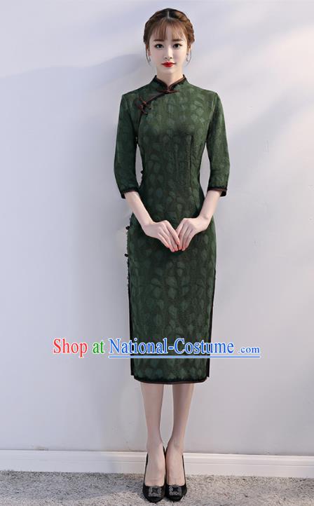 Chinese Traditional Full Dress Deep Green Short Cheongsam Compere Costume for Women