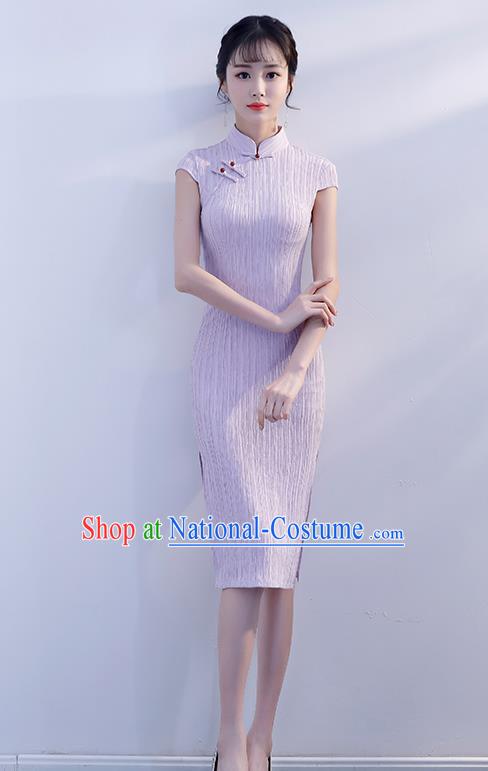 Chinese Traditional Lilac Qipao Dress Short Cheongsam Compere Costume for Women