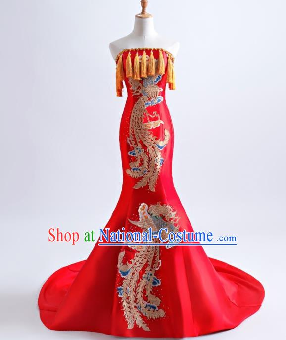 Chinese Traditional Phoenix Pattern Red Full Dress Compere Chorus Costume for Women