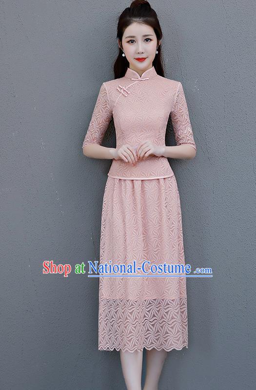 Chinese Traditional Qipao Dress Champagne Lace Cheongsam Suits Compere Costume for Women