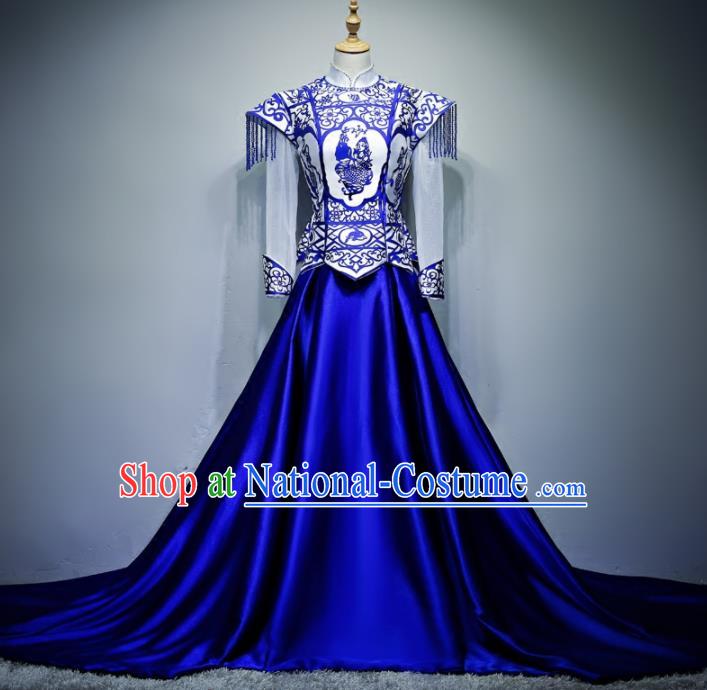 Chinese Traditional Blue and White Porcelain Full Dress Compere Chorus Costume for Women