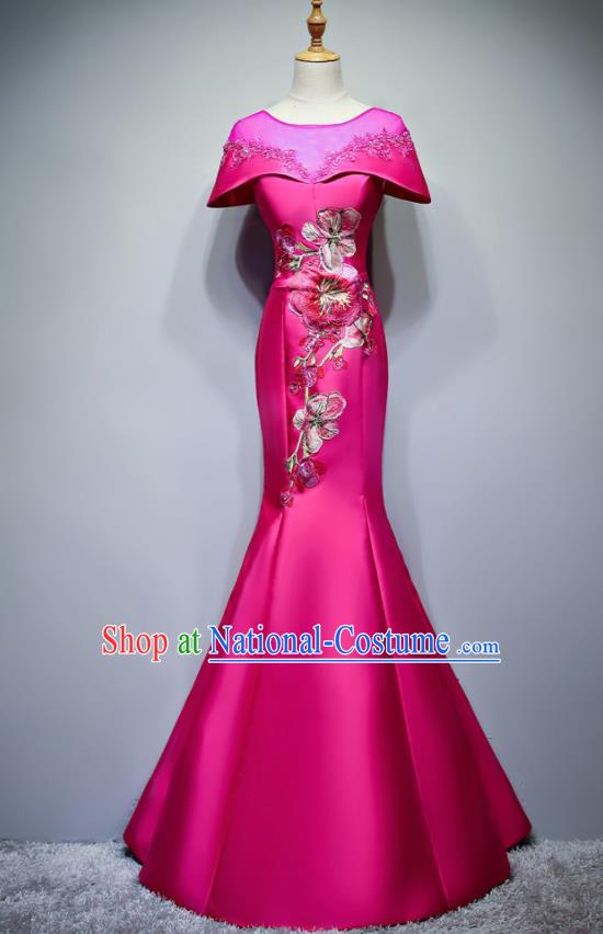 Chinese Traditional Embroidered Rosy Full Dress Compere Chorus Costume for Women