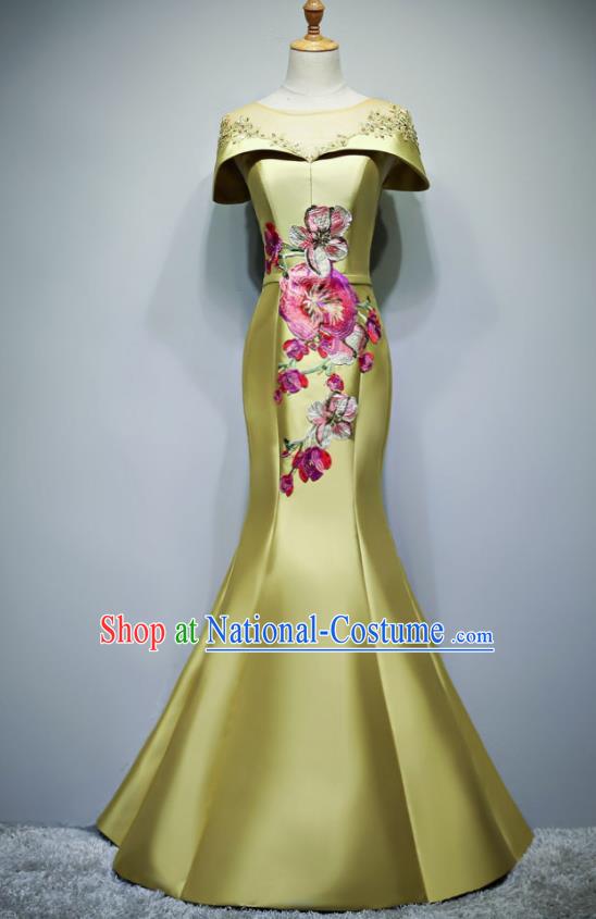 Chinese Traditional Embroidered Yellow Full Dress Compere Chorus Costume for Women