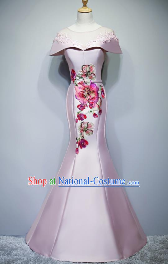 Chinese Traditional Embroidered Pink Full Dress Compere Chorus Costume for Women