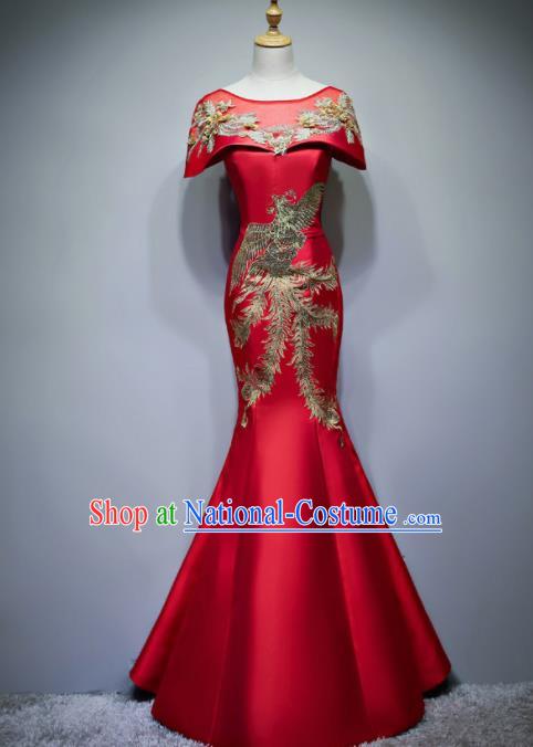 Chinese Traditional Embroidered Phoenix Red Full Dress Compere Chorus Costume for Women