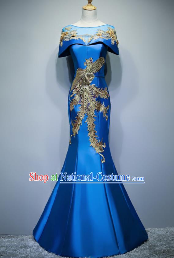 Chinese Traditional Embroidered Phoenix Blue Full Dress Compere Chorus Costume for Women