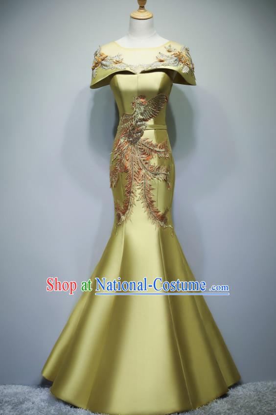 Chinese Traditional Embroidered Phoenix Yellow Full Dress Compere Chorus Costume for Women