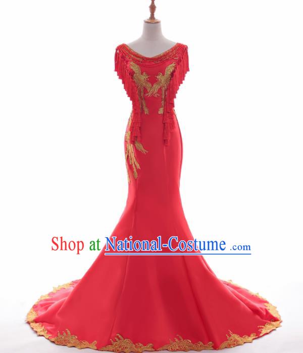 Chinese Traditional Embroidered Phoenix Wedding Red Full Dress Compere Chorus Costume for Women