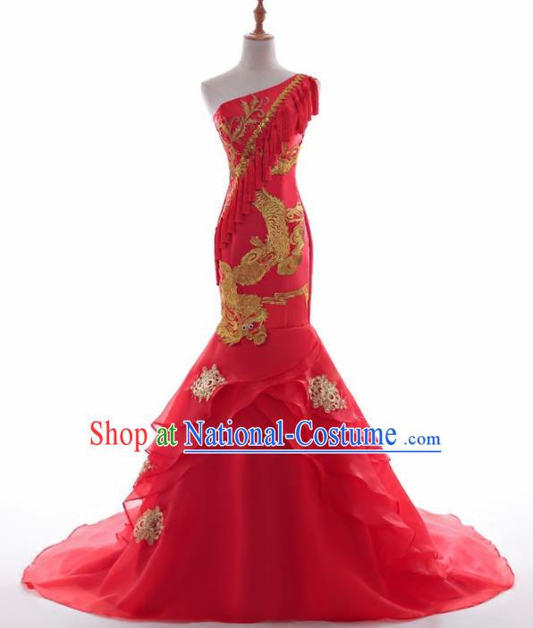 Chinese Traditional Embroidered Dragon Wedding Red Full Dress Compere Chorus Costume for Women