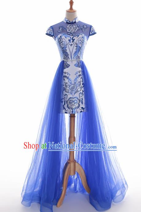 Chinese Traditional Blue Veil Cheongsam Full Dress Compere Chorus Costume for Women