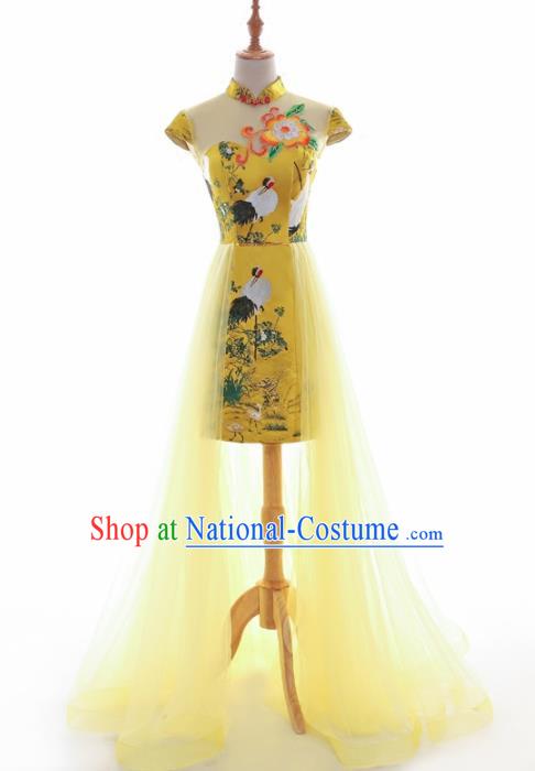 Chinese Traditional Yellow Veil Cheongsam Full Dress Compere Chorus Costume for Women