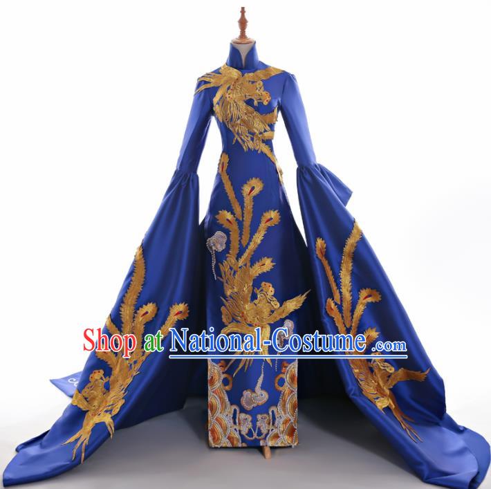 Chinese Traditional Cheongsam Royalblue Full Dress Compere Chorus Costume for Women