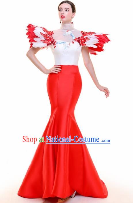 Top Grade Catwalks Feather Red Trailing Full Dress Compere Chorus Costume for Women