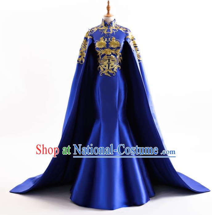 Chinese Traditional Cheongsam Wedding Royalblue Full Dress Compere Chorus Costume for Women