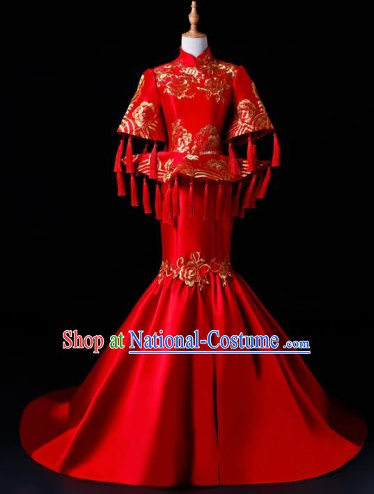 Chinese Traditional National Red Cheongsam Compere Chorus Costume Full Dress for Women