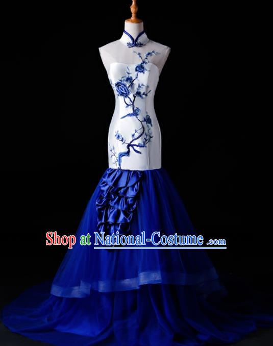 Chinese Traditional National Blue Veil Mermaid Cheongsam Compere Chorus Costume Full Dress for Women