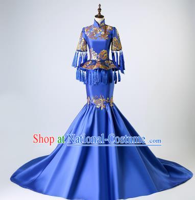 Chinese Traditional National Blue Mermaid Cheongsam Compere Chorus Costume Full Dress for Women