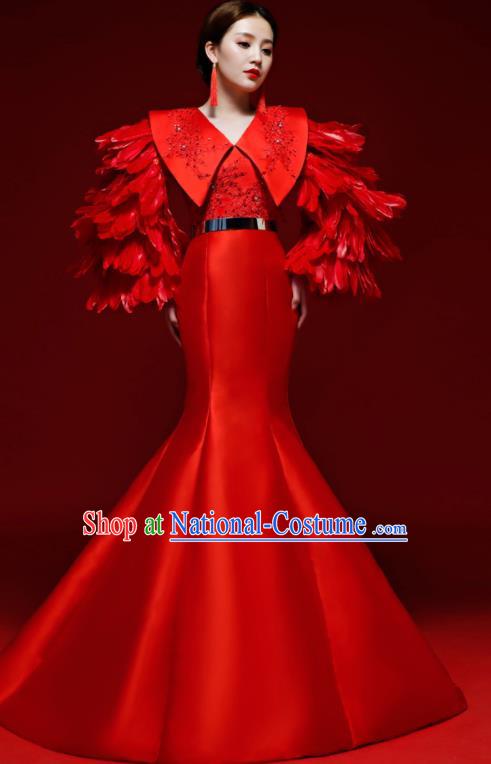 Top Grade Wedding Red Feather Mermaid Full Dress Compere Chorus Costume for Women