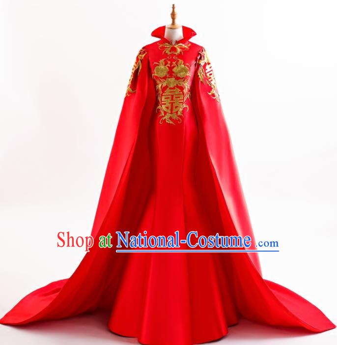 Chinese Traditional Embroidered Peony Cheongsam Red Full Dress Compere Chorus Costume for Women