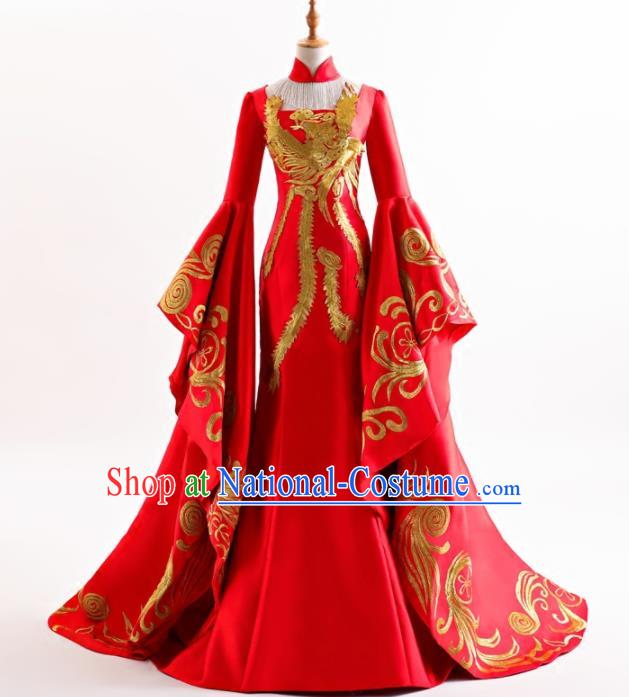 Chinese Traditional Embroidered Red Cheongsam Full Dress Compere Chorus Costume for Women