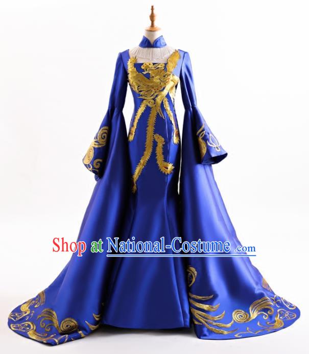 Chinese Traditional Embroidered Royalblue Cheongsam Full Dress Compere Chorus Costume for Women