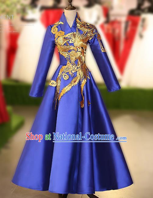 Chinese Traditional Embroidered Phoenix Full Dress Compere Chorus Costume for Women