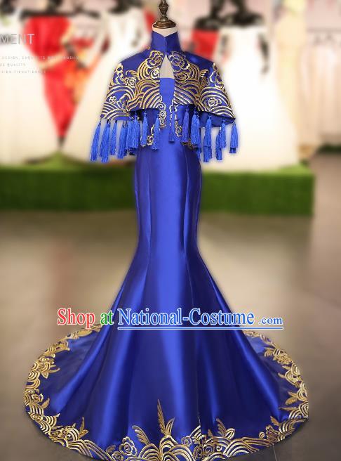 Chinese Traditional Embroidered Royalblue Full Dress Compere Chorus Costume for Women