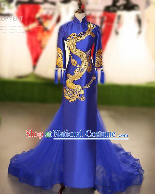 Chinese Traditional Embroidered Dragon Royalblue Full Dress Compere Chorus Costume for Women