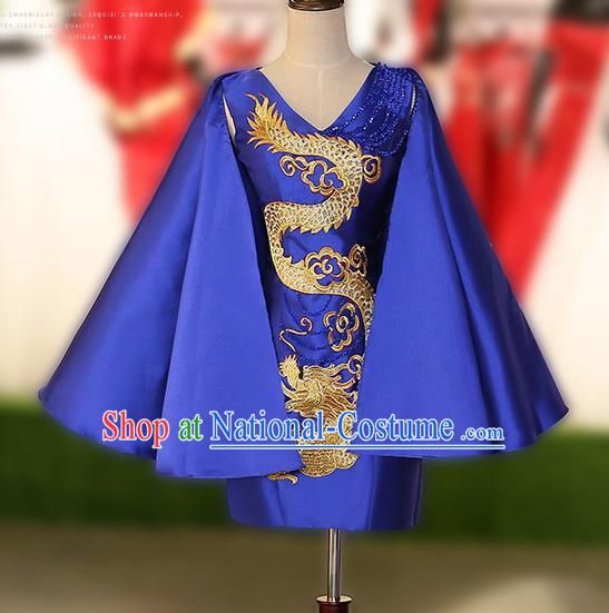 Chinese Traditional Embroidered Dragon Royalblue Short Full Dress Compere Chorus Costume for Women