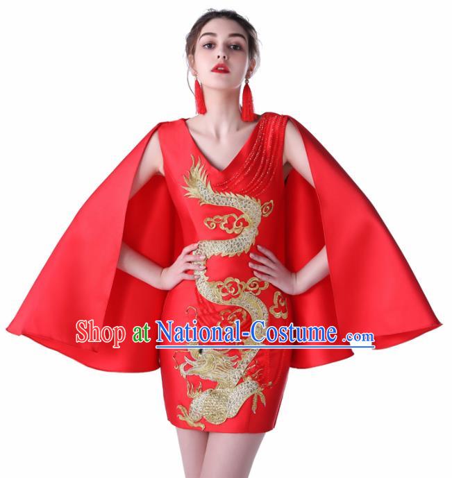 Chinese Traditional Embroidered Dragon Red Short Full Dress Compere Chorus Costume for Women