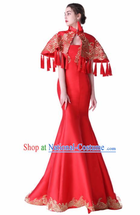 Chinese Traditional Embroidered Red Full Dress Compere Chorus Costume for Women