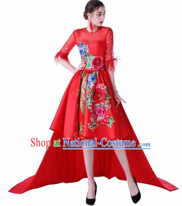 Chinese Traditional Embroidered Peony Red Full Dress Compere Chorus Costume for Women