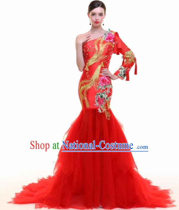 Chinese Traditional Embroidered Phoenix Peony Red Full Dress Compere Chorus Costume for Women