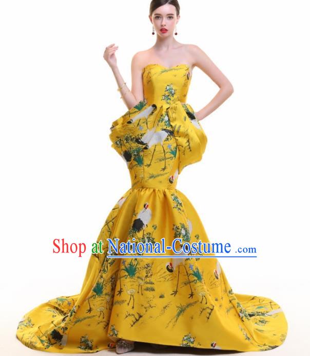 Chinese Traditional Cheongsam Yellow Trailing Full Dress Compere Chorus Costume for Women