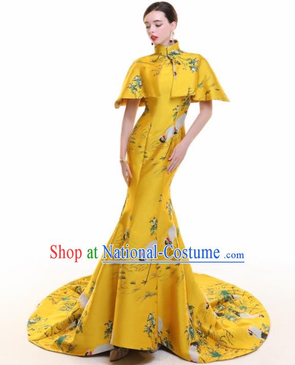 Chinese Traditional Yellow Trailing Cheongsam Full Dress Compere Chorus Costume for Women