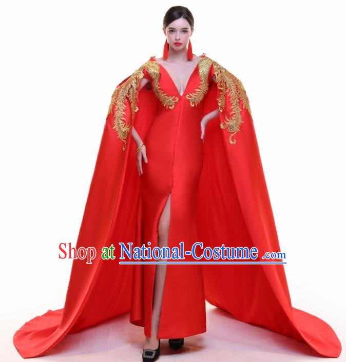 Chinese Traditional Embroidered Phoenix Red Cloak Full Dress Compere Chorus Costume for Women