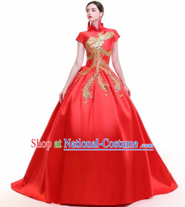 Chinese Traditional Embroidered Phoenix Red Bubble Full Dress Compere Chorus Costume for Women