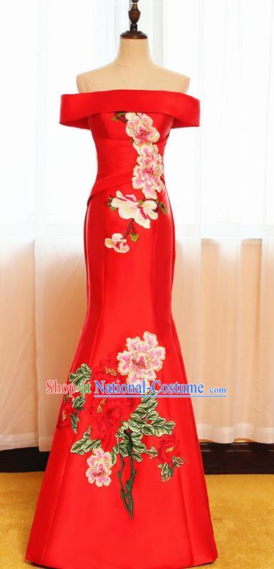 Chinese Traditional Embroidered Peony Off Shoulder Red Full Dress Compere Chorus Costume for Women