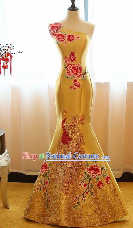 Chinese Traditional Compere Yellow Full Dress Cheongsam Chorus Costume for Women