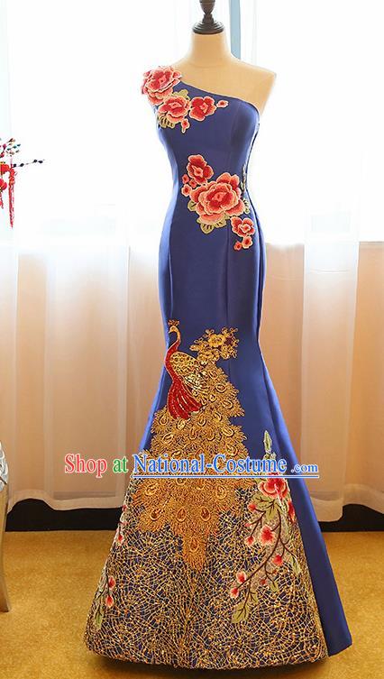 Chinese Traditional Compere Royalblue Full Dress Cheongsam Chorus Costume for Women