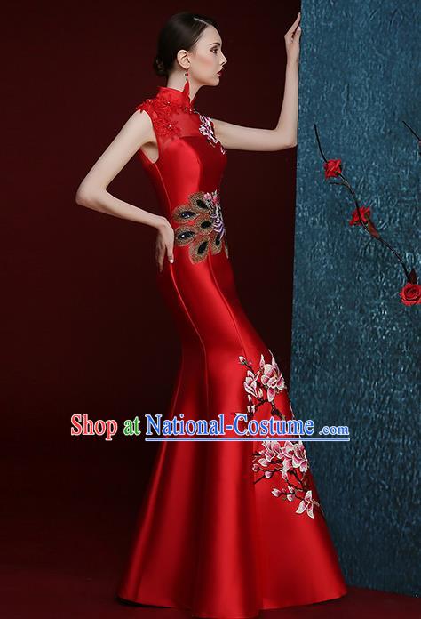 Chinese Traditional Compere Full Dress Embroidered Mangnolia Red Cheongsam Chorus Costume for Women