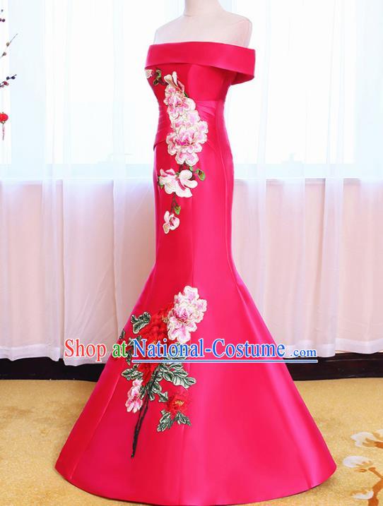 Chinese Traditional Embroidered Peony Off Shoulder Rosy Full Dress Compere Chorus Costume for Women