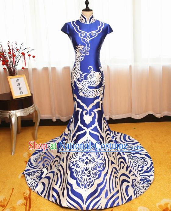 Chinese Traditional Catwalks Blue Cheongsam Compere Chorus Costume for Women