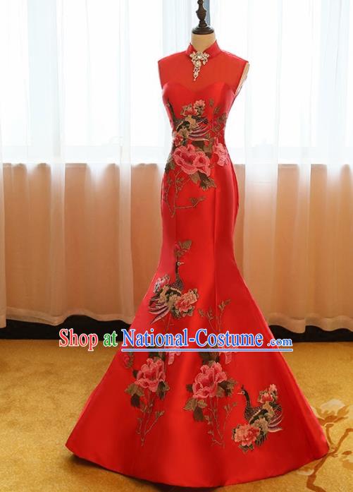 Chinese Traditional Compere Catwalks Red Cheongsam Chorus Costume for Women