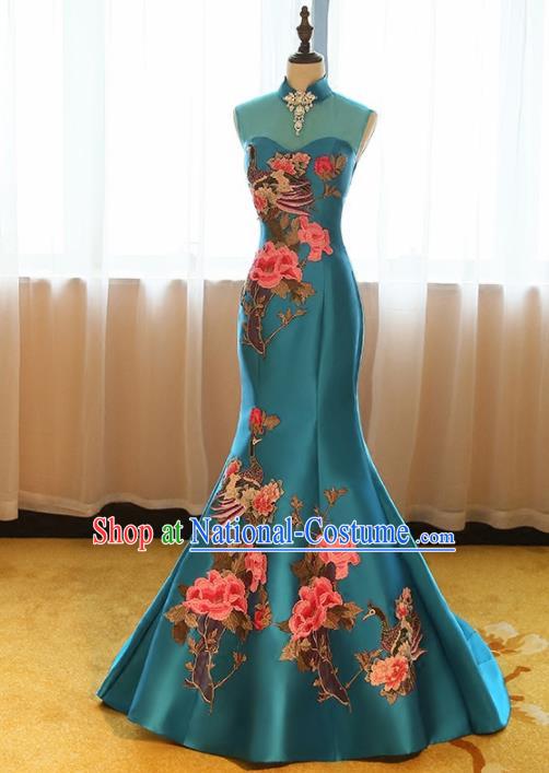 Chinese Traditional Compere Catwalks Blue Cheongsam Chorus Costume for Women