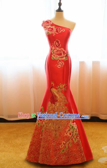 Chinese Traditional Compere Red Full Dress Cheongsam Chorus Costume for Women