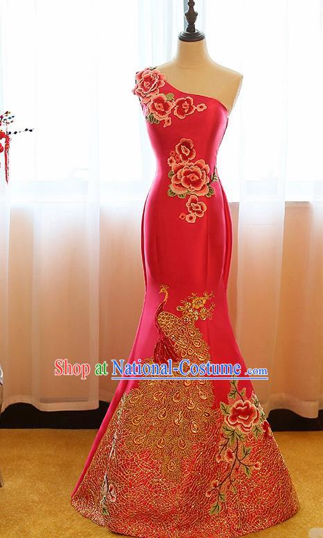 Chinese Traditional Compere Rosy Full Dress Cheongsam Chorus Costume for Women